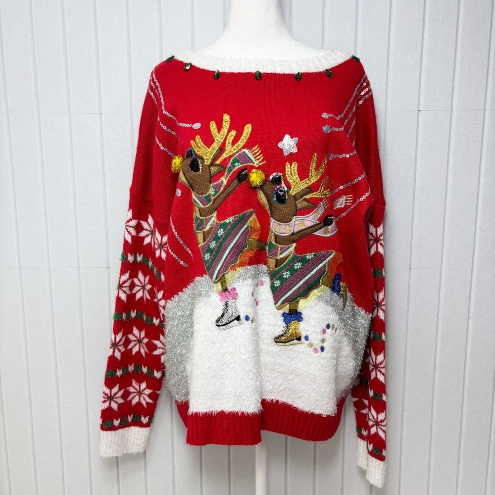 HOLIDAY TIME Red Dancing Reindeer Christmas‎ Ugly Sweater Size XL (16-18)